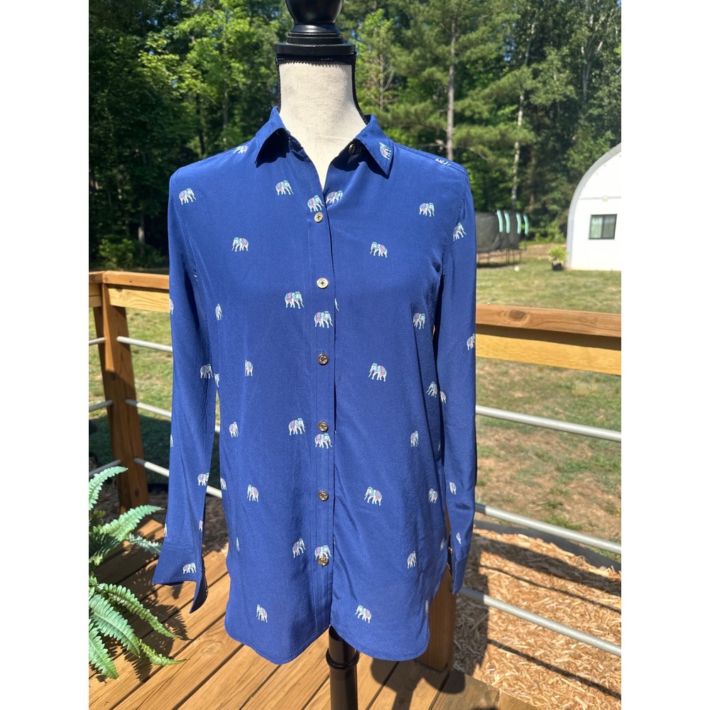 C. Wonder‎ Women's Royal Blue 100% Silk Elephant Print Button Down Shirt Size S